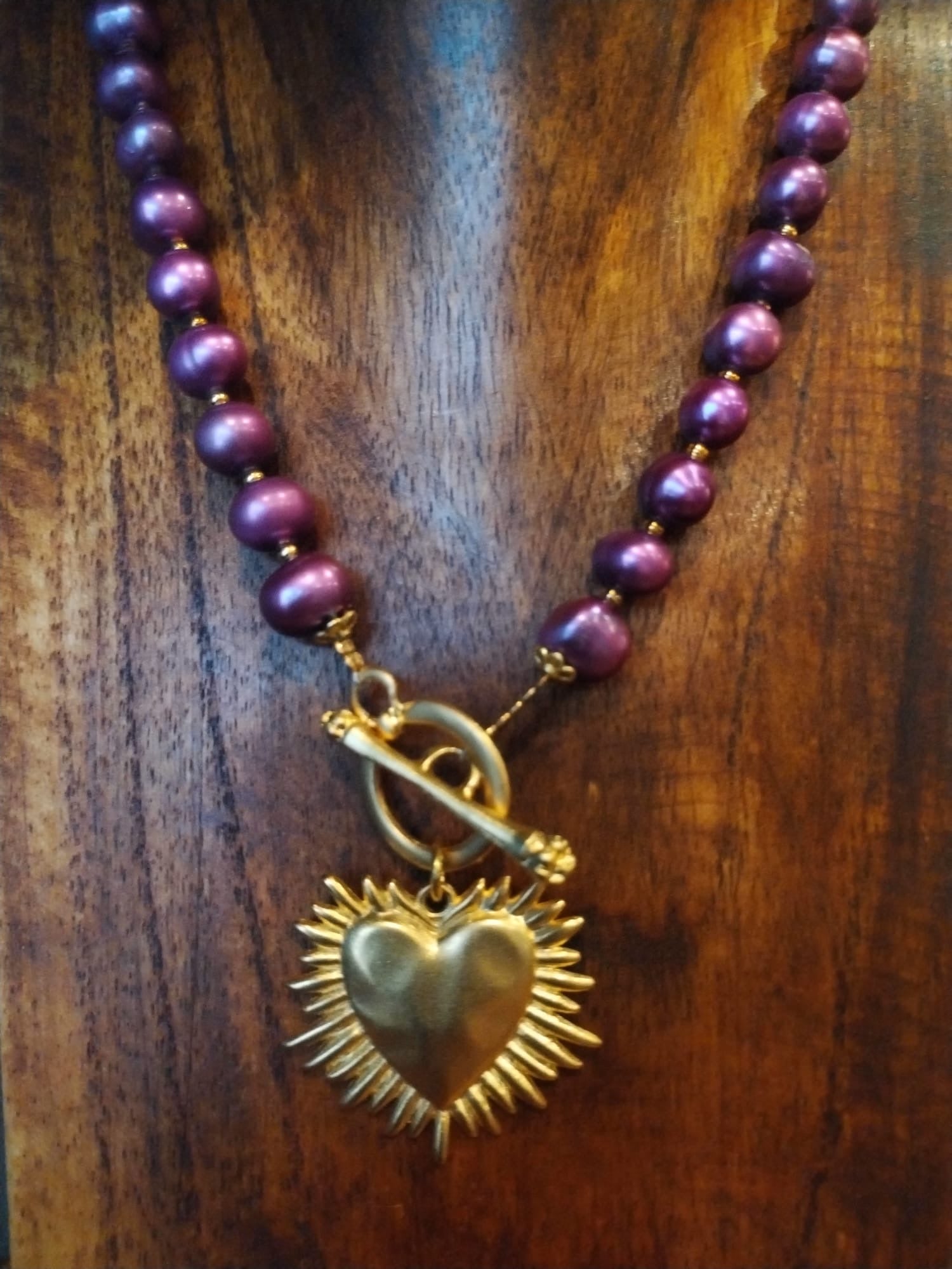 Purple Pearl Necklace with Gold Shining Heart Charm 43cm