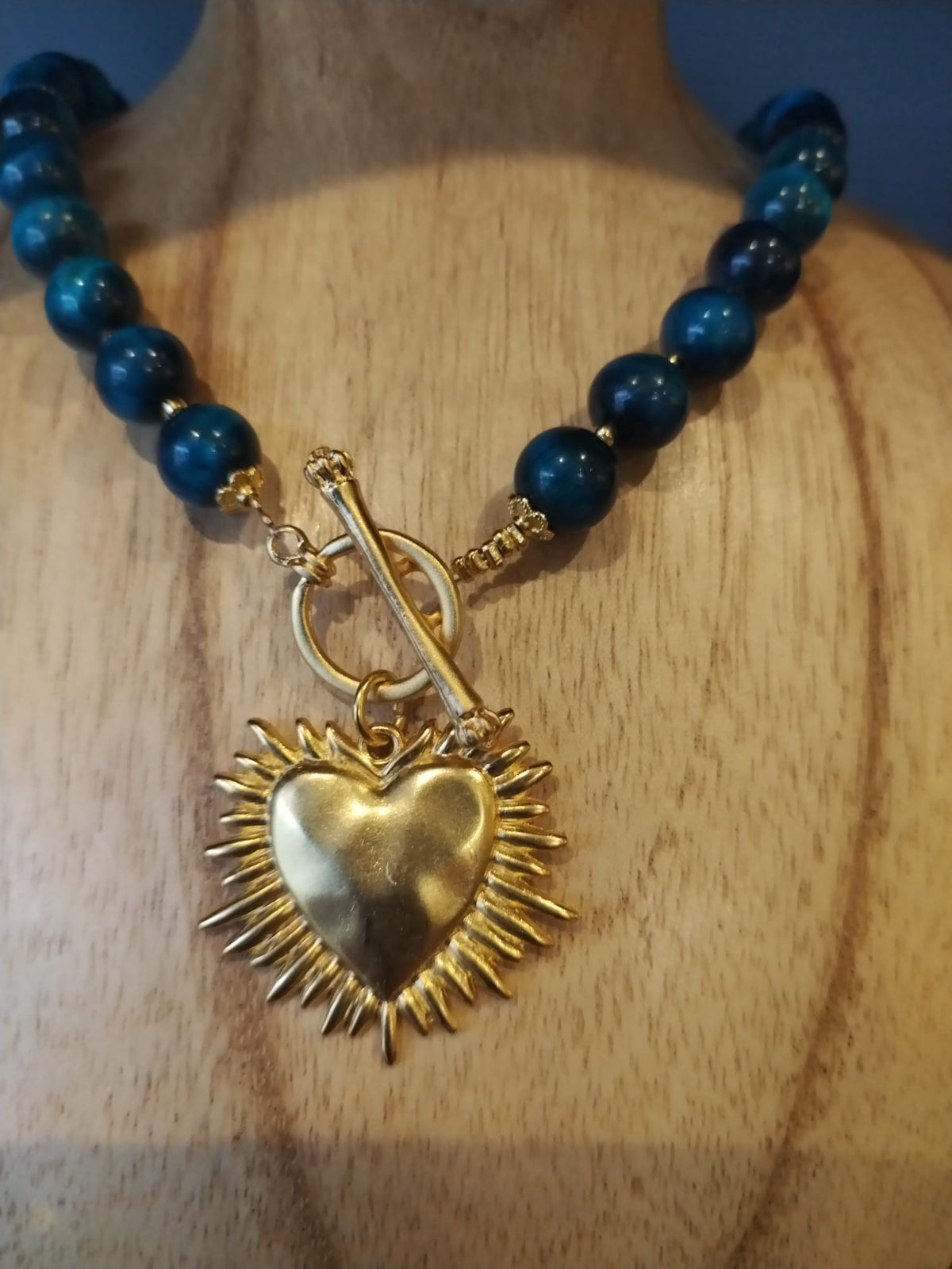 Blue Tiger’s Eye Necklace with Shining Heart Charm