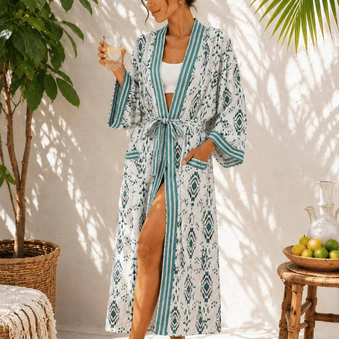 Teal Geometric Hand-Block Printed Cotton Robe