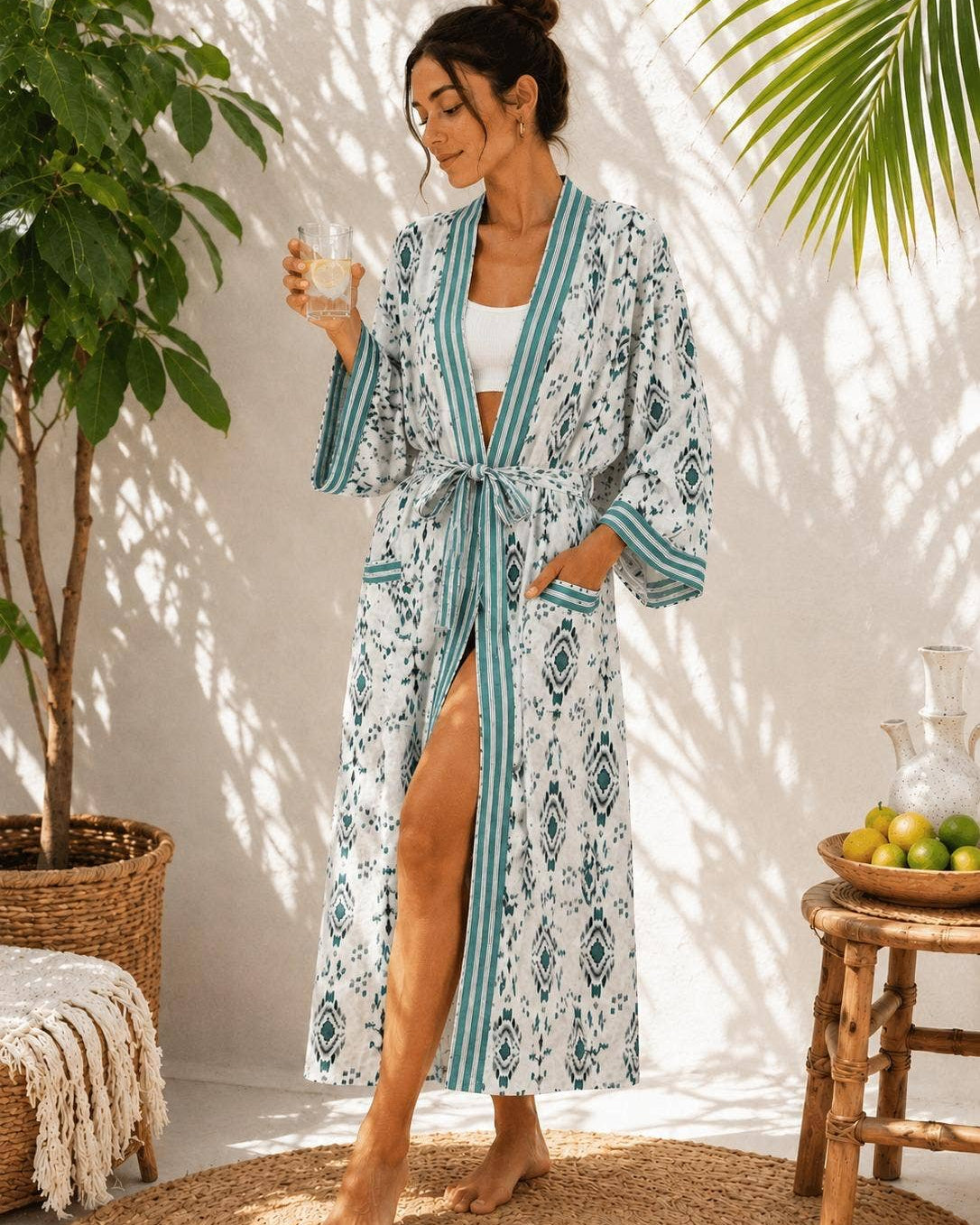 Teal Geometric Hand-Block Printed Cotton Robe