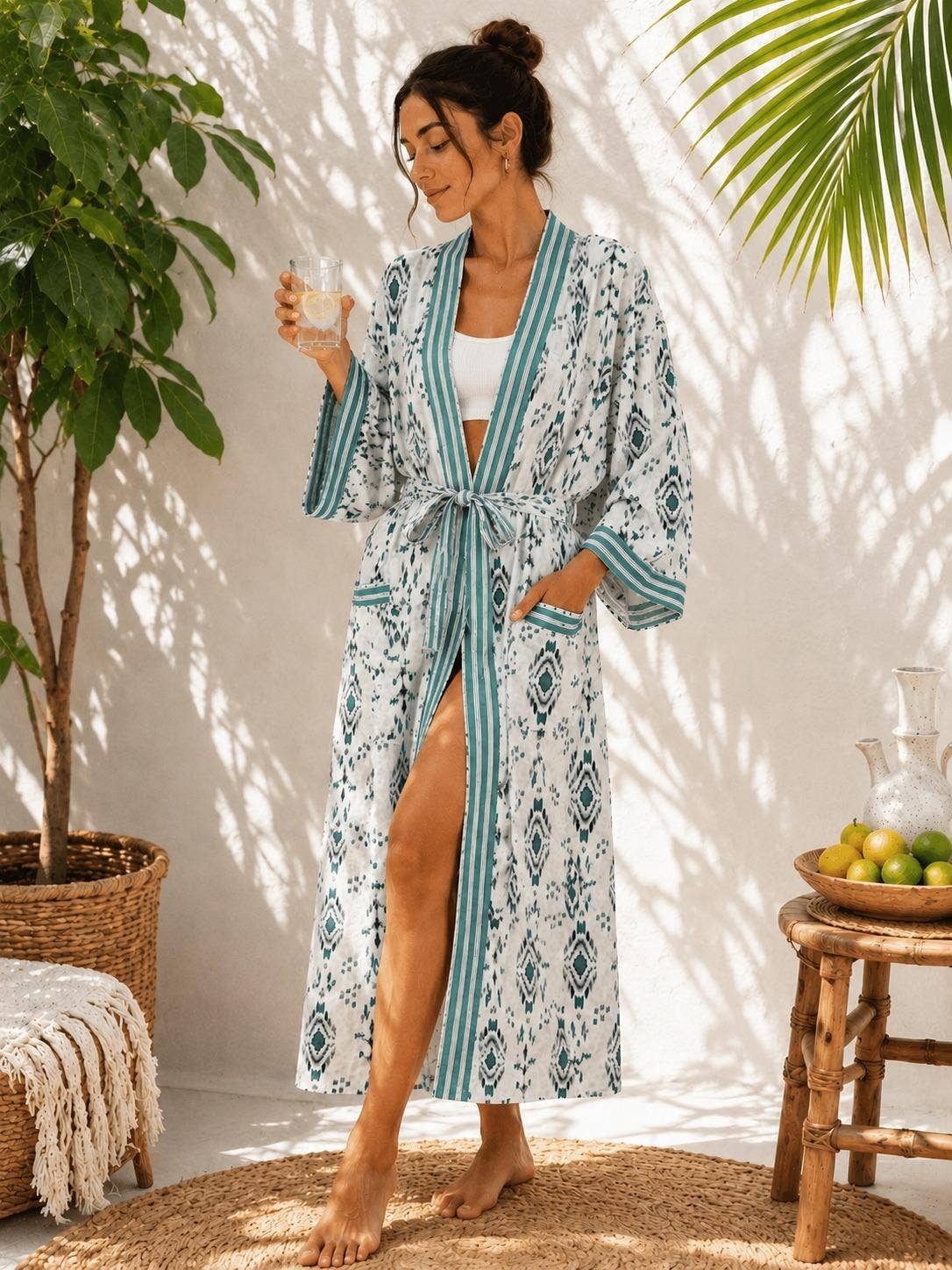 Teal Geometric Hand-Block Printed Cotton Robe