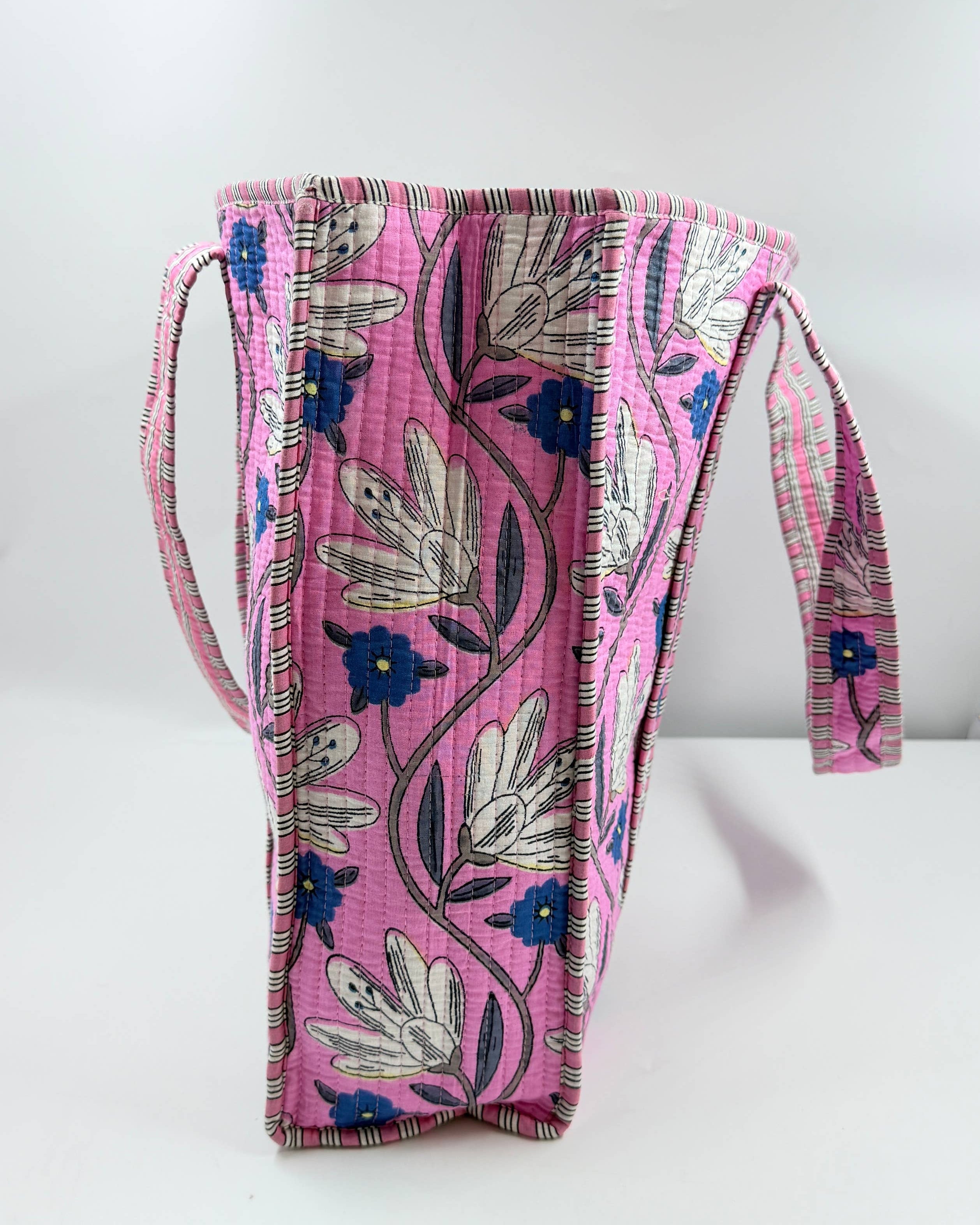 Pink Floral Cotton Quilted Tote Bag Block Printed