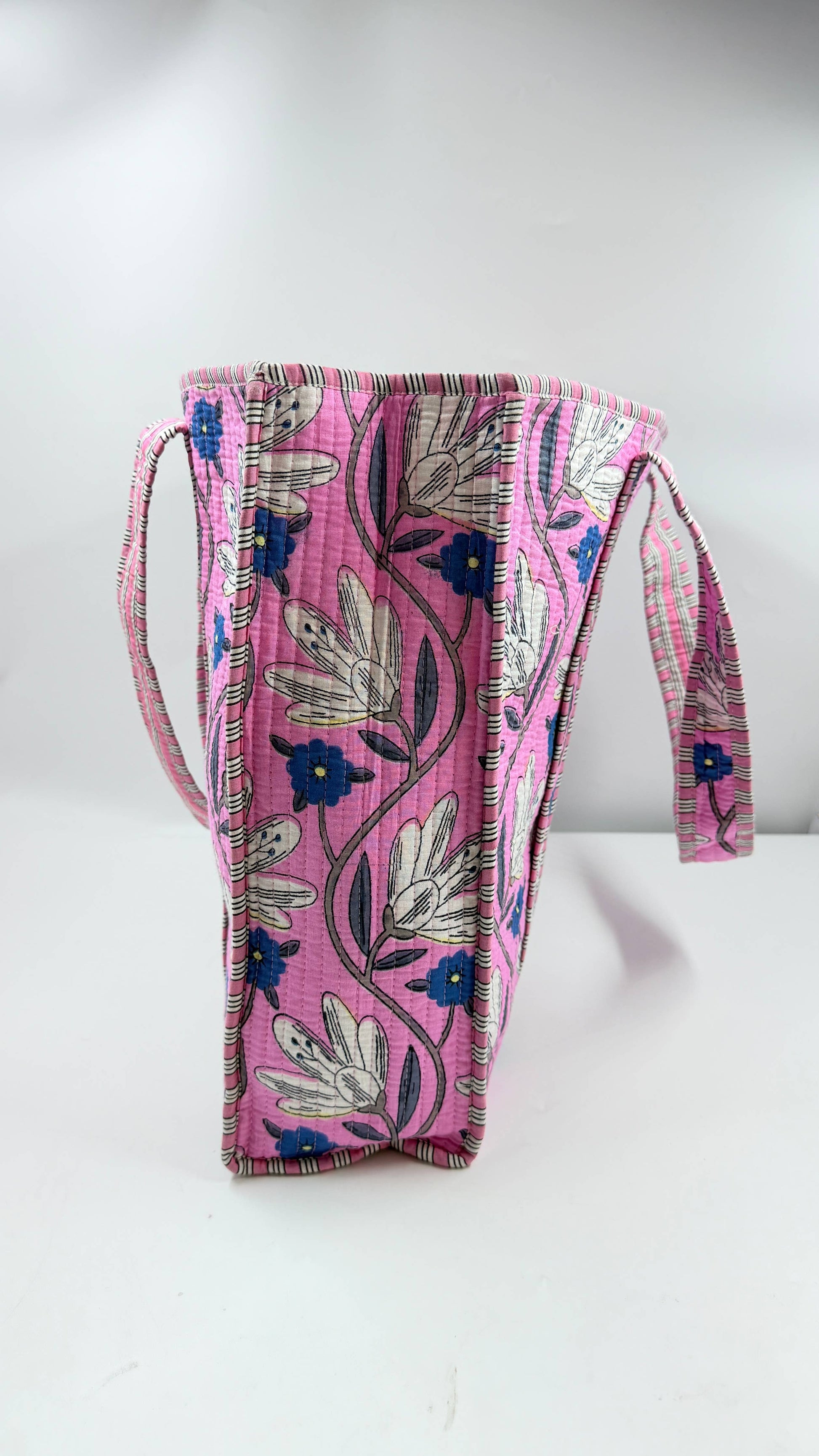 Pink Floral Cotton Quilted Tote Bag Block Printed