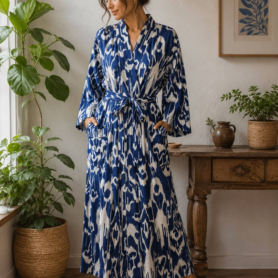 Blue & White Ikat-Print Cotton Robe