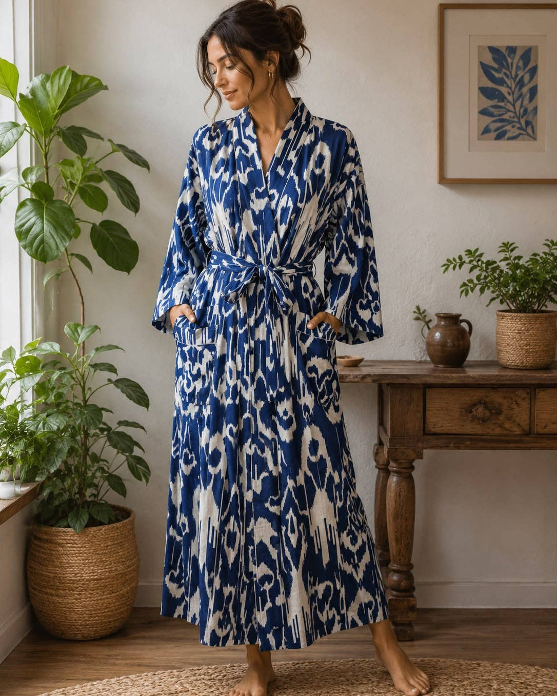 Blue & White Ikat-Print Cotton Robe
