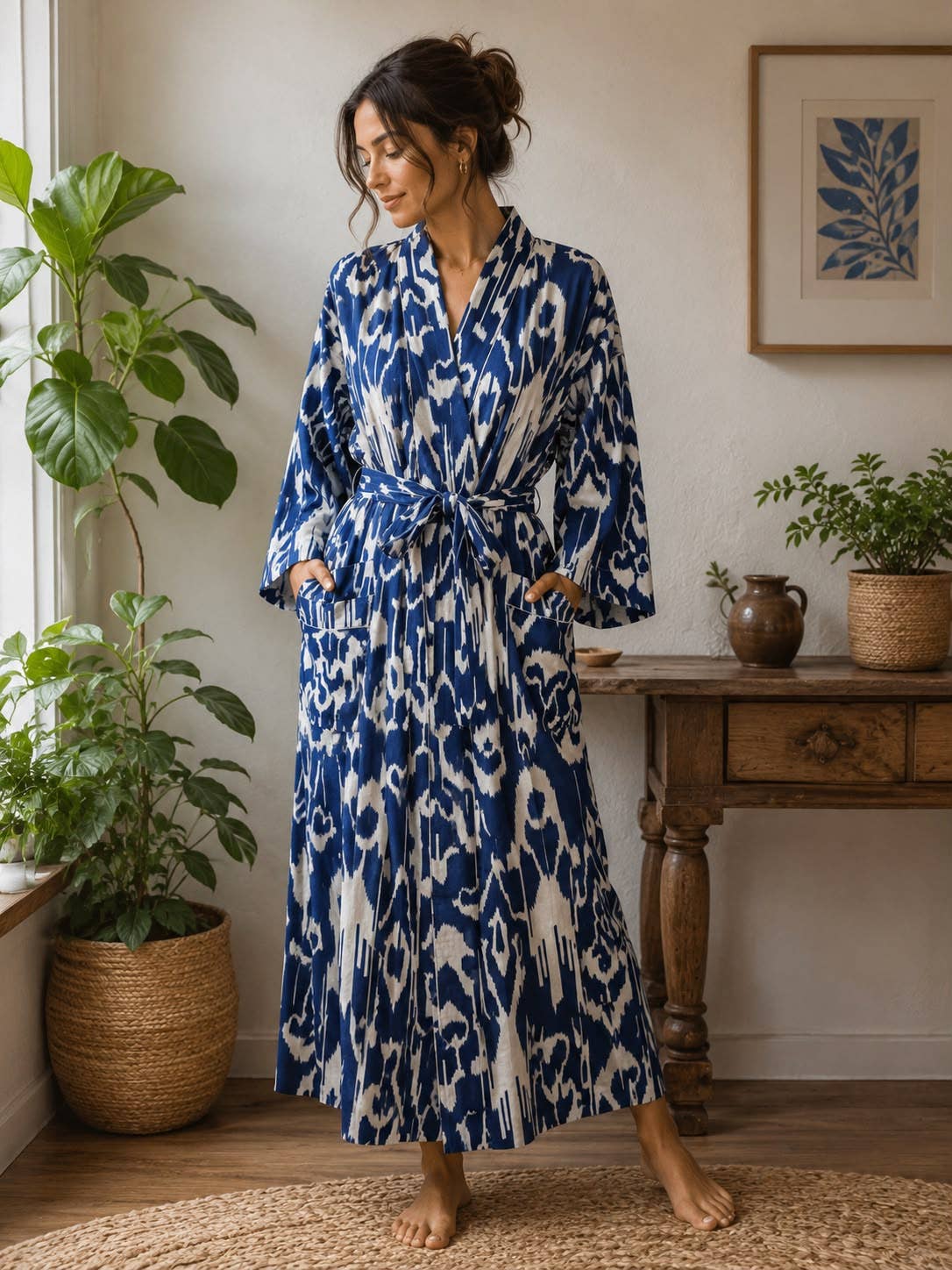 Blue & White Ikat-Print Cotton Robe