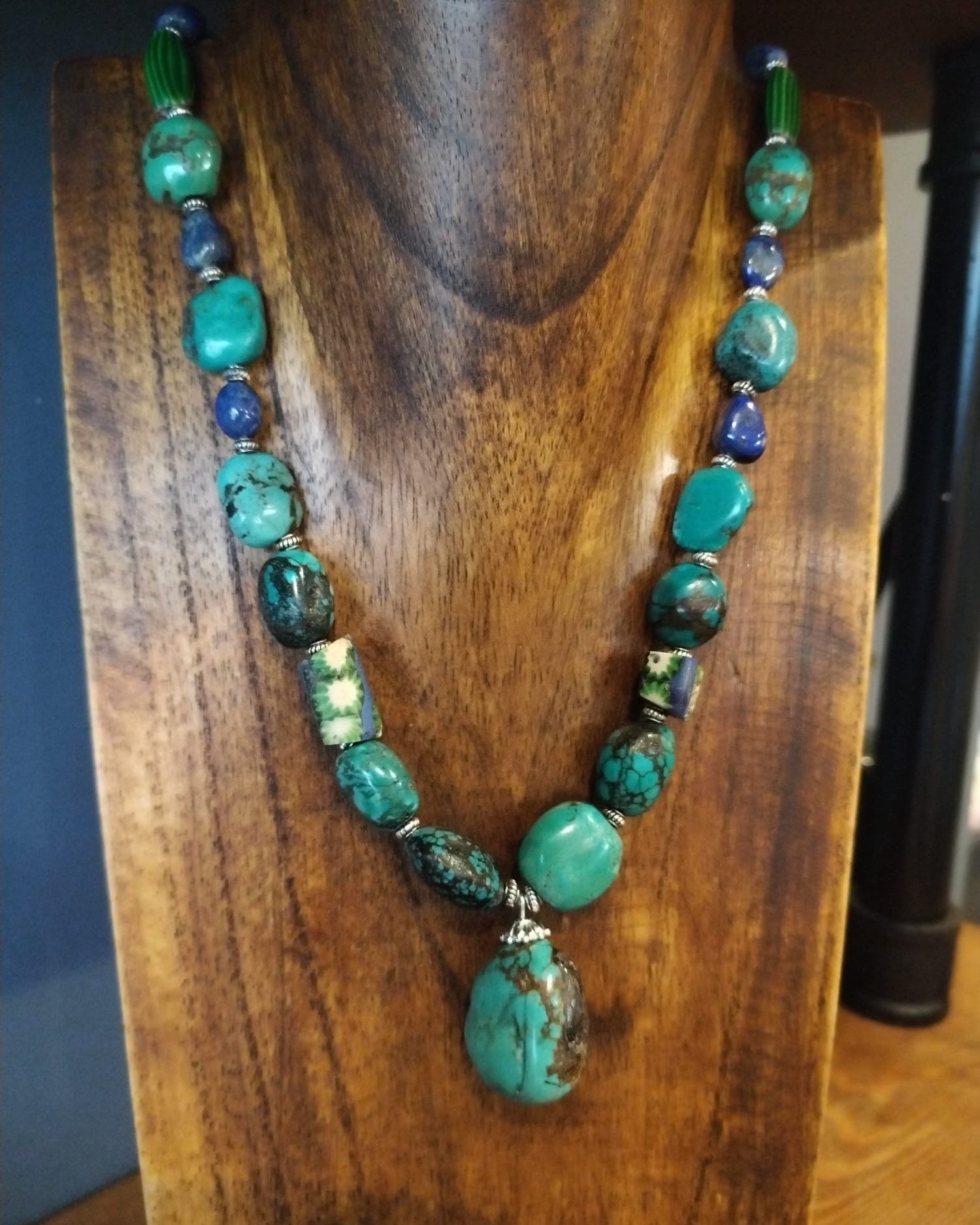 Turquoise Pebble Necklace With Antique Venetian Trade Beads