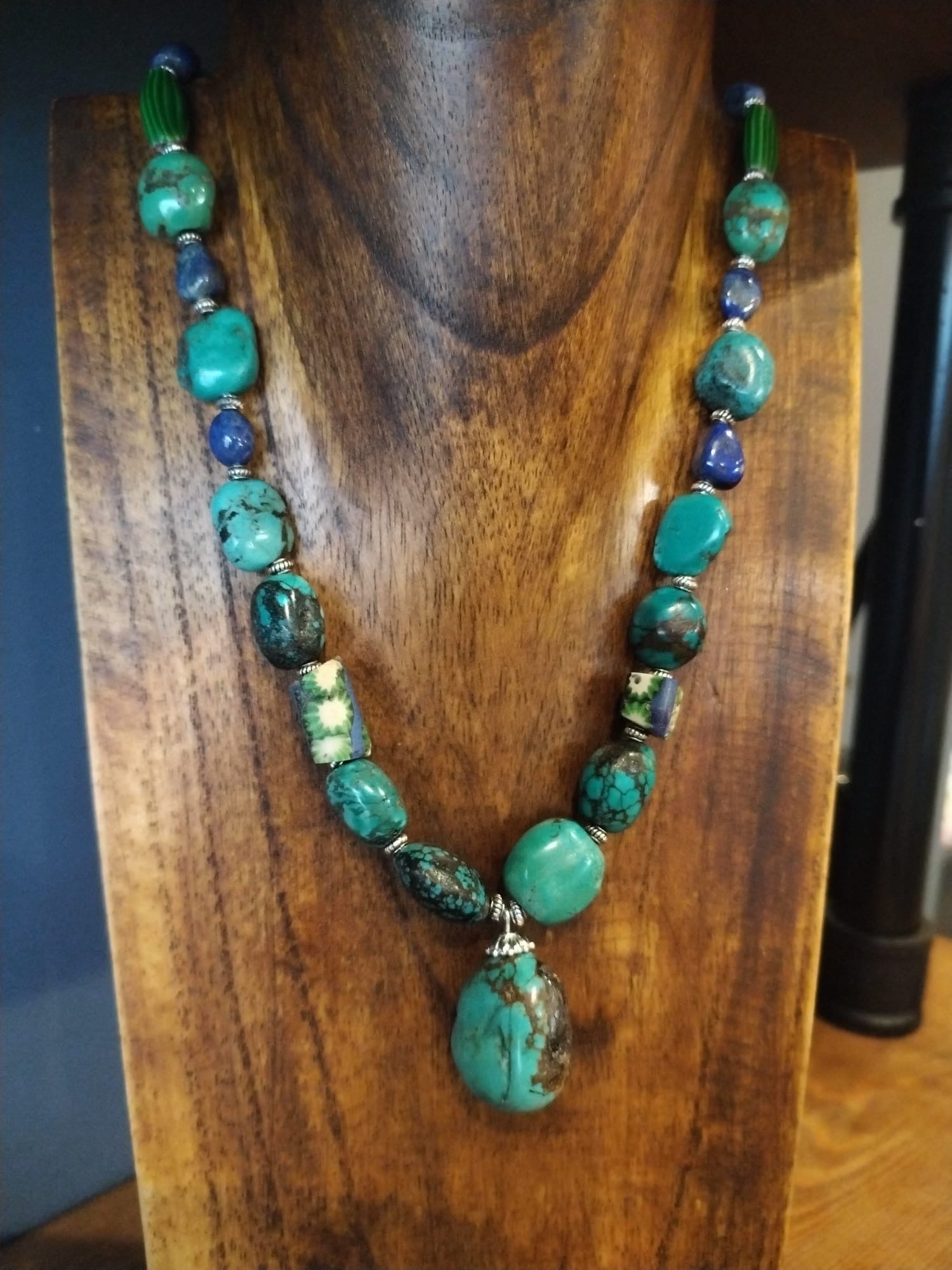 Turquoise Pebble Necklace With Antique Venetian Trade Beads