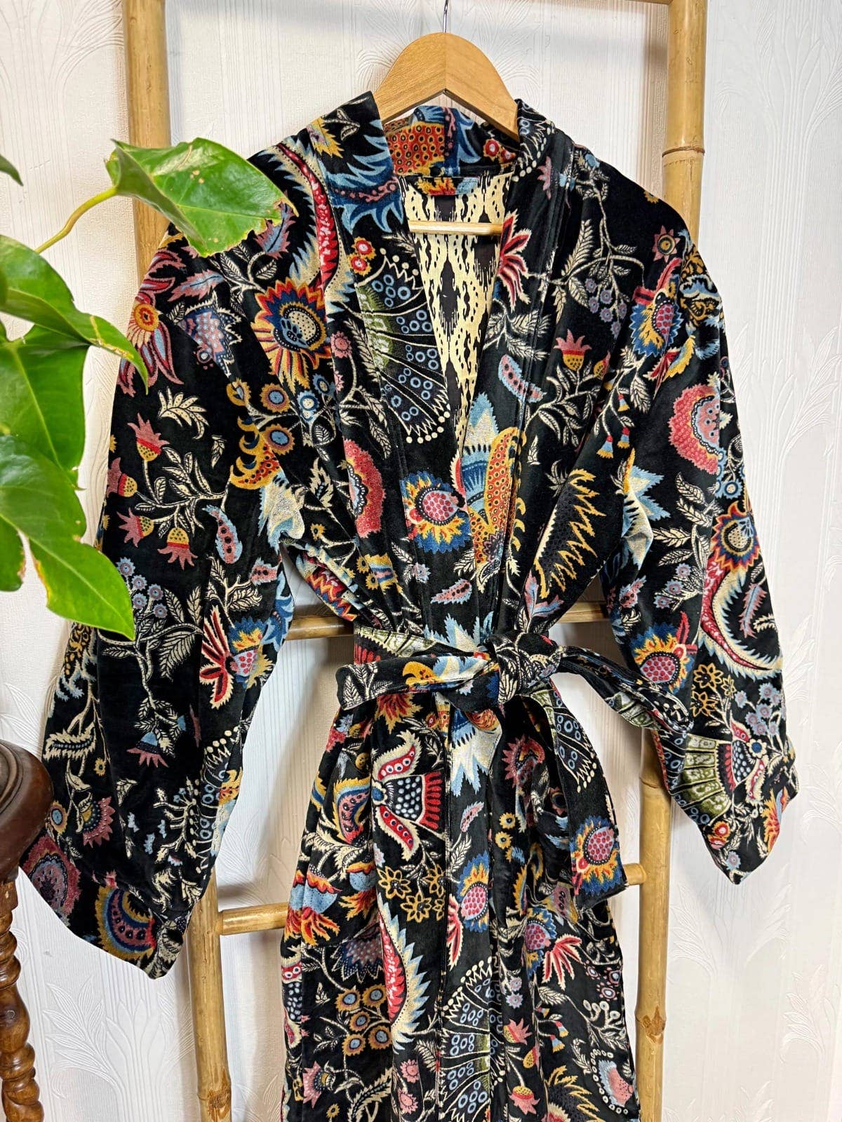 Black Luxurious Printed Velvet Robe, fully lined