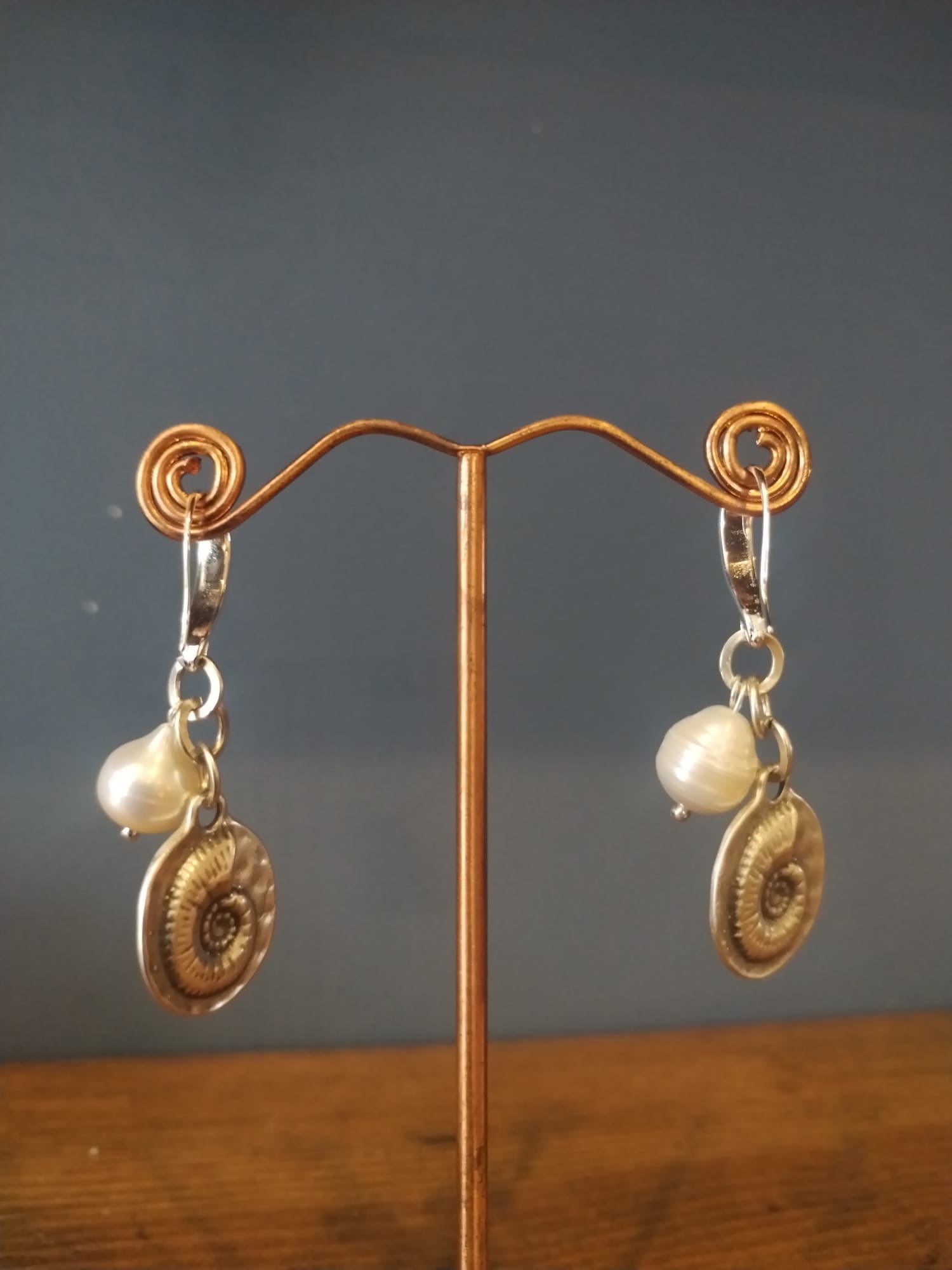 Pearl and Silver Earrings with Ammonite Charm