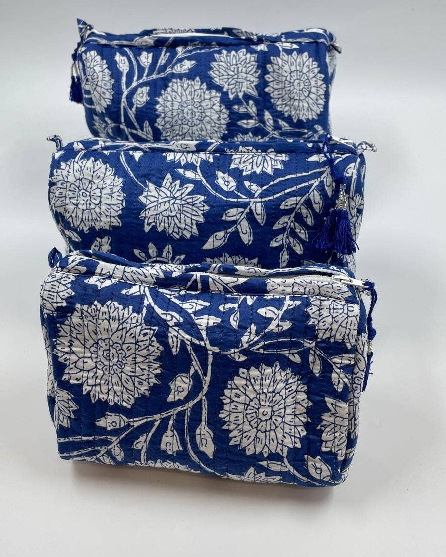 Blue Chrysanthemum Quilted Makeup / Wash Bag Set (Set of 3)