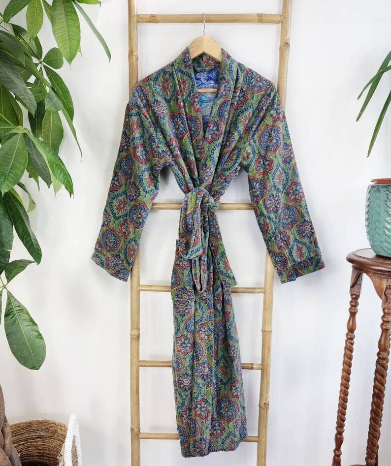 Luxury Velvet  Robe - Fresh Leaf Green Blue Mandala Geometric