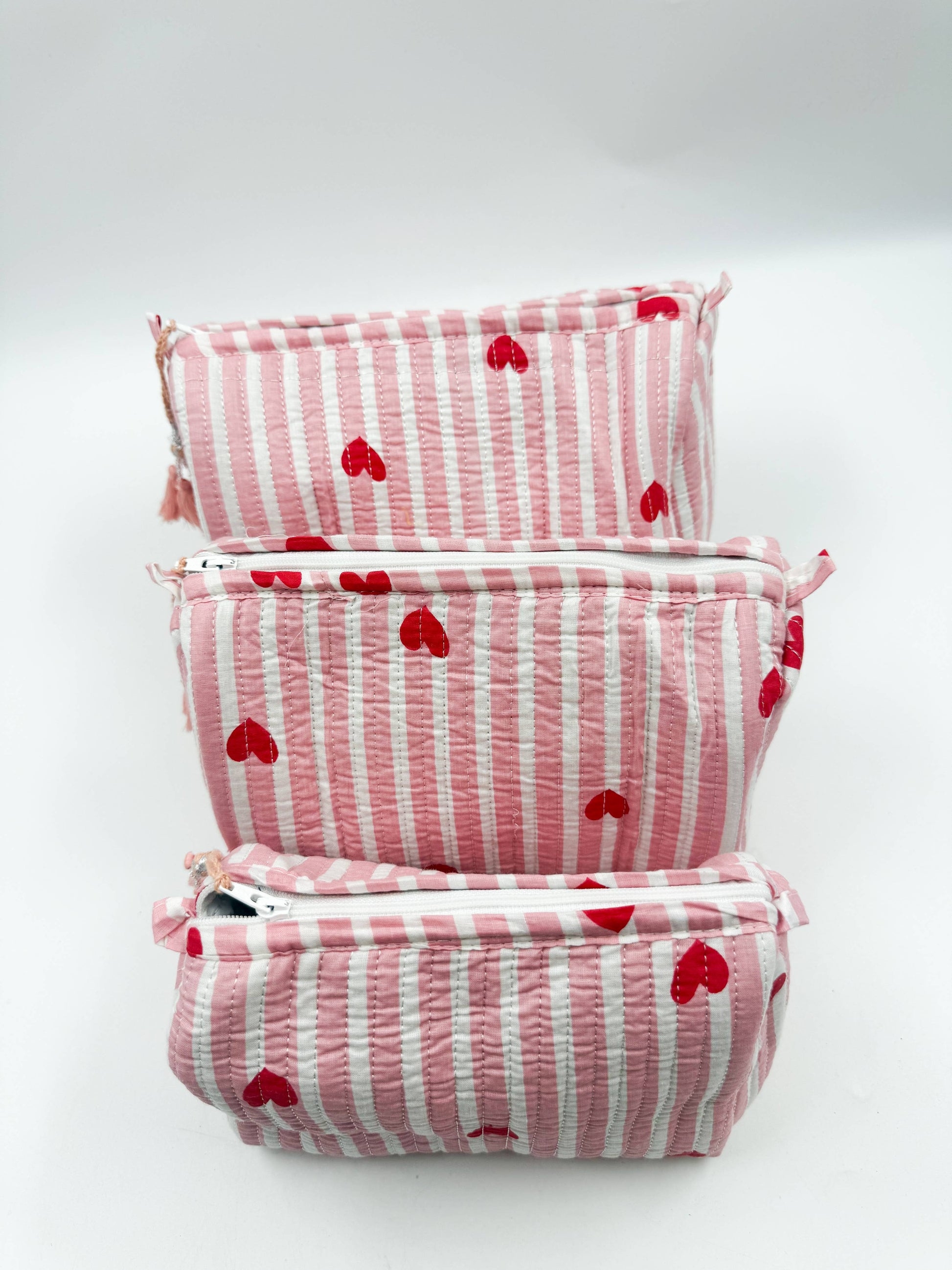 Set of Three Quilted Wash Bags with Pink Stripe Heart Print