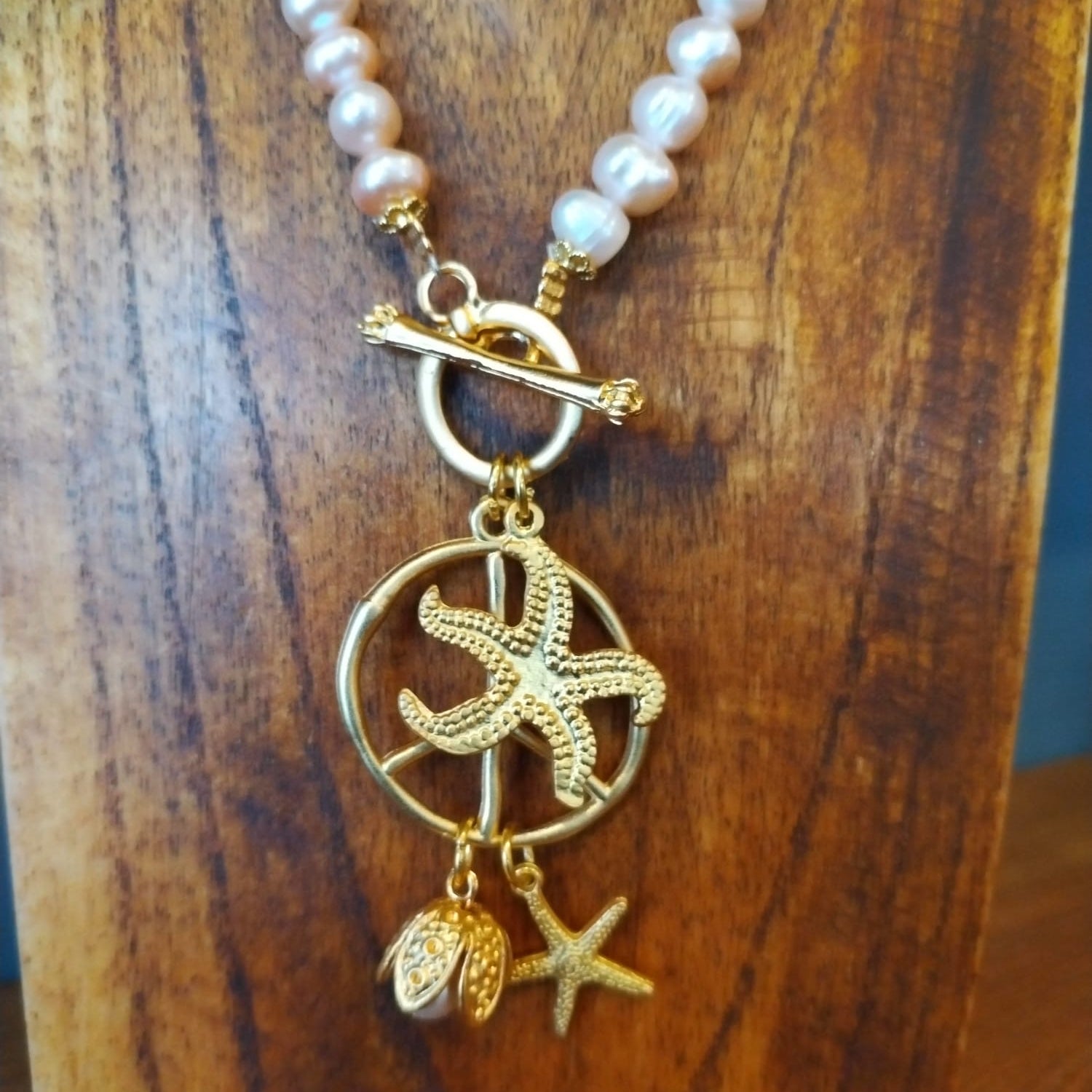 Freshwater Pearl Necklace with Gold Sea Charms 45cm