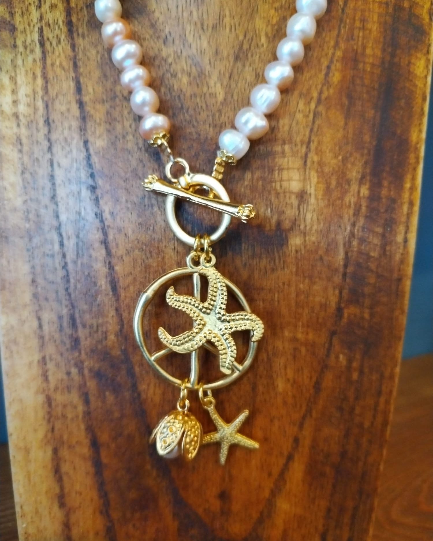 Freshwater Pink Champagne Pearl Necklace with Gold Sea Charms 45cm