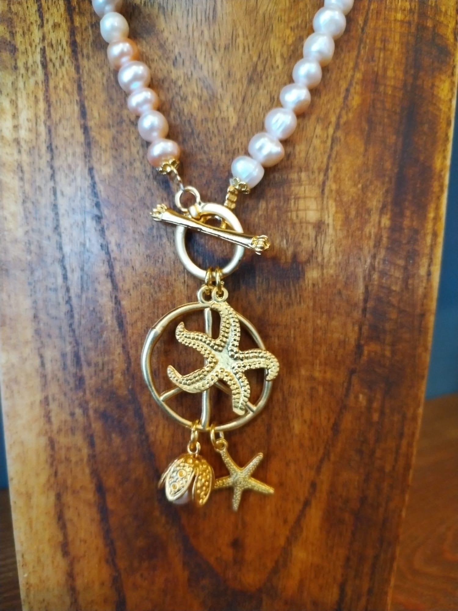 Freshwater Pearl Necklace with Gold Sea Charms 45cm
