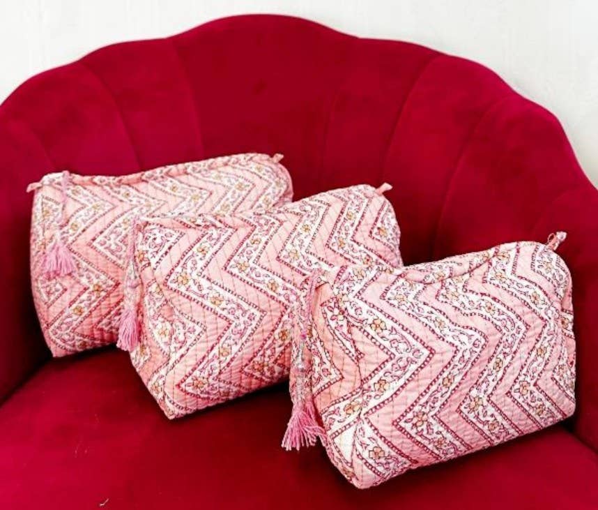 Pink Chevron Quilted Wash Bag Set of Three