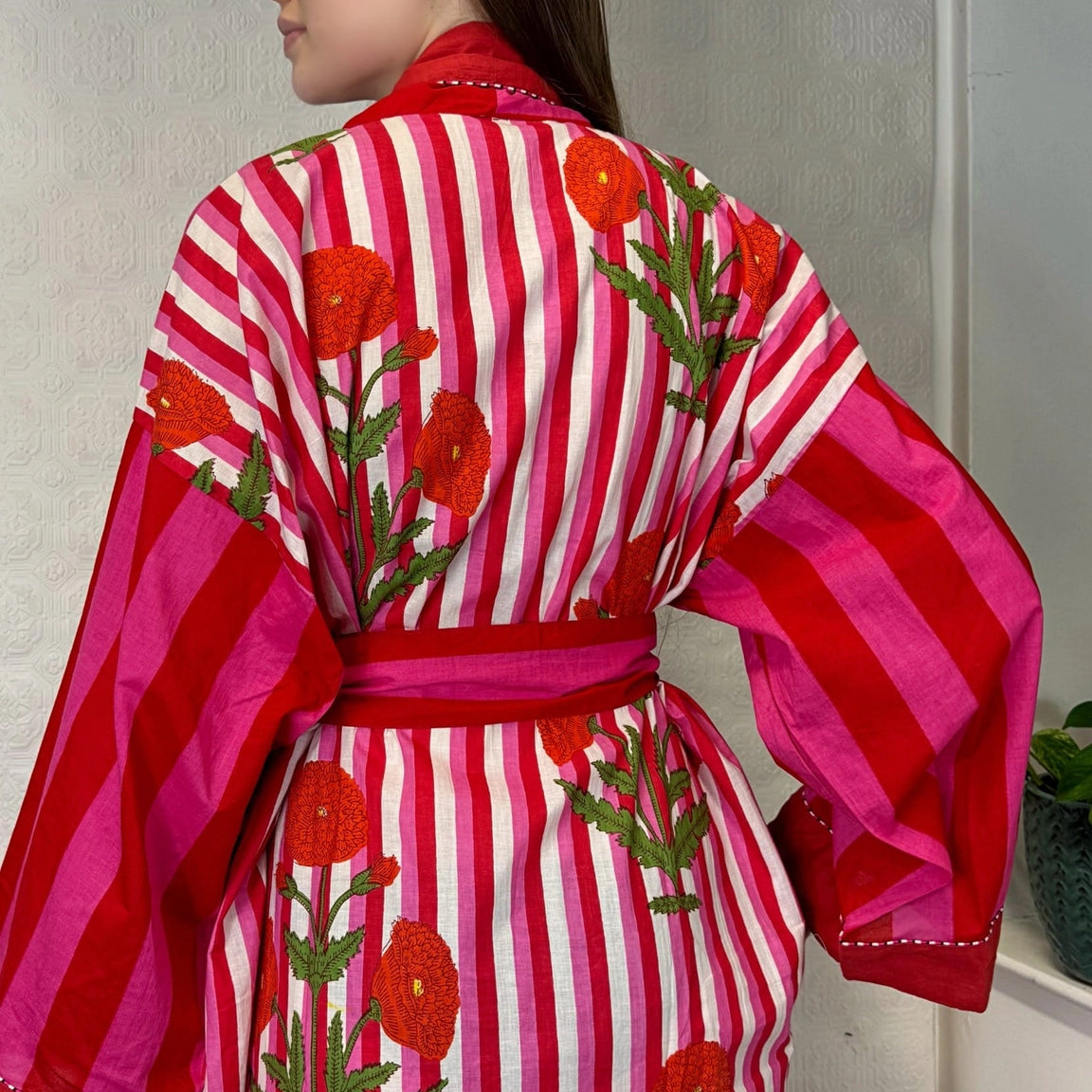Cotton Robe Pink and Red Stripe With Marigold Design on the back Hand Printed, UK size  8 18
