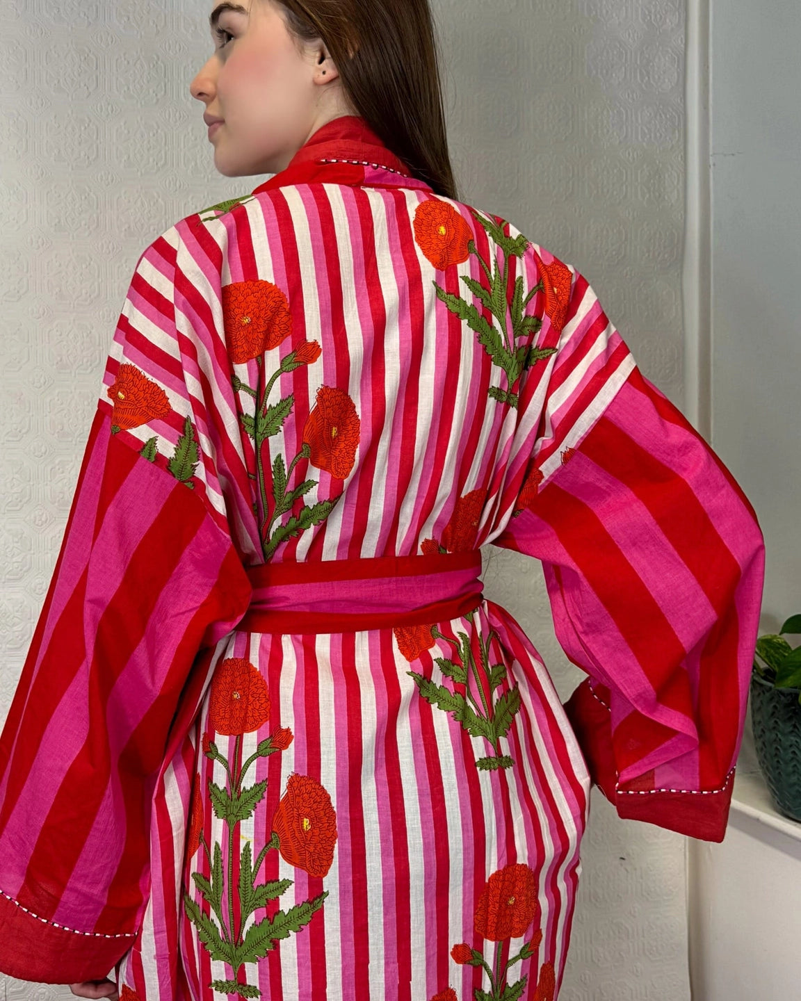 Cotton Robe Pink and Red Stripe With Marigold Design on the back Hand Printed, UK size  8 18