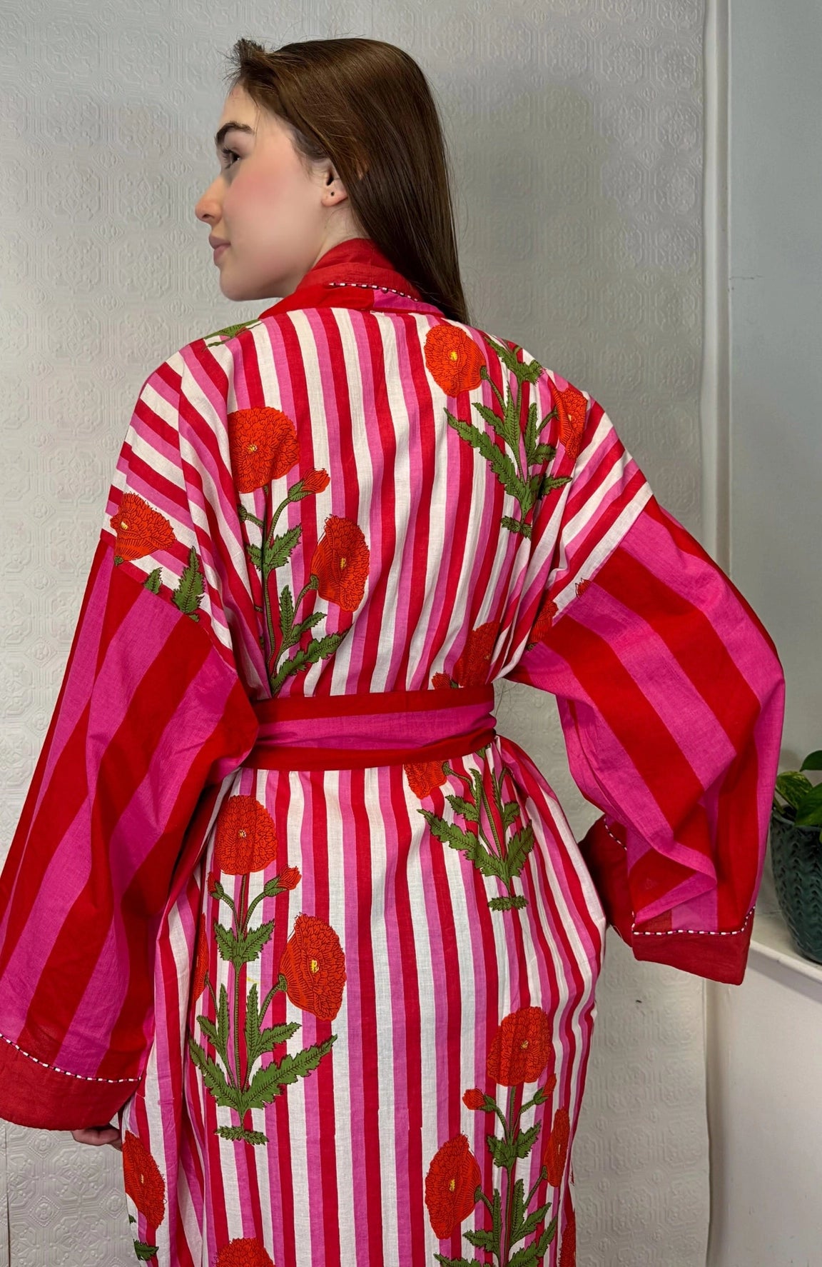 Cotton Robe Pink and Red Stripe With Marigold Design on the back Hand Printed, UK size  8 18