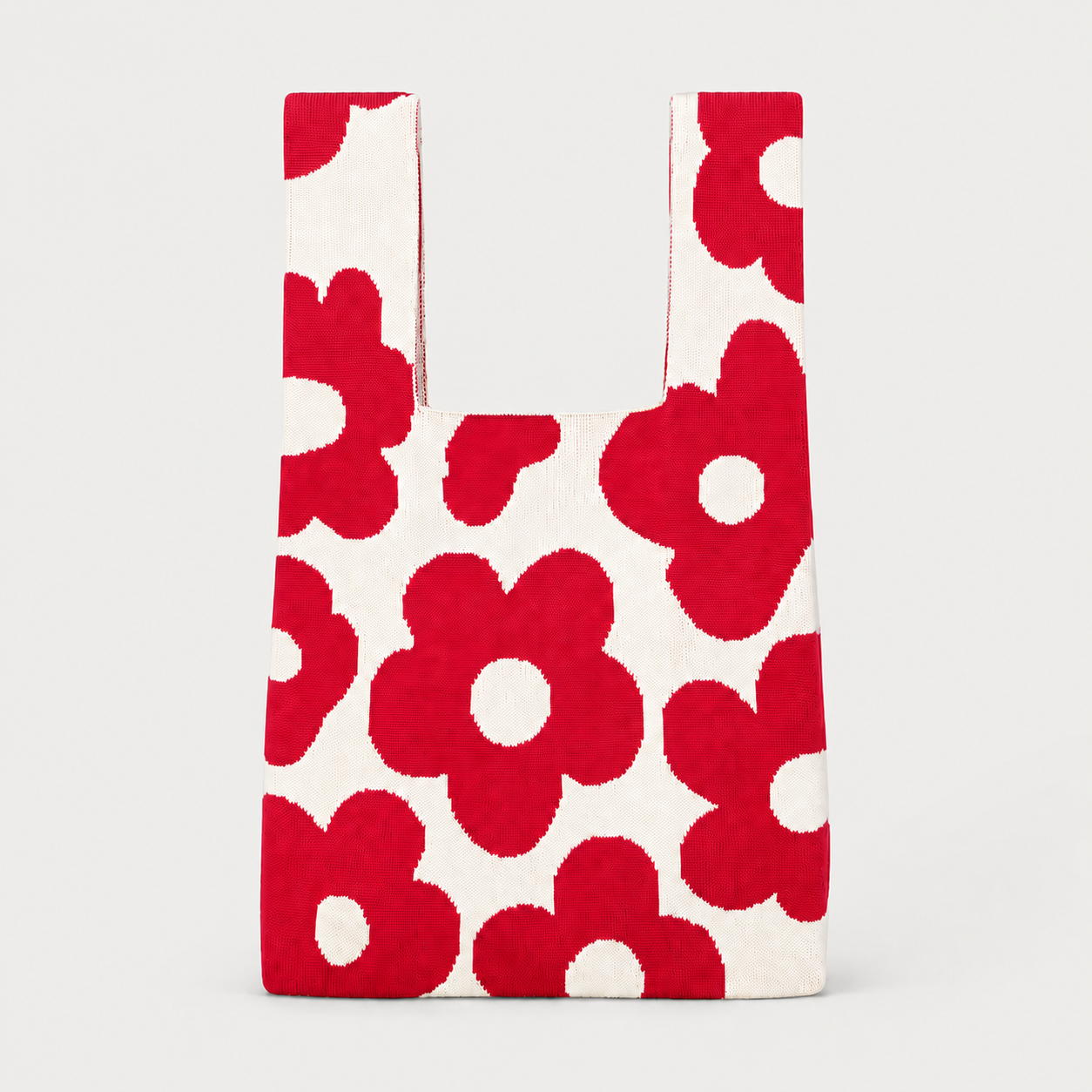 Red Retro Floral Knitted Tote Bag Medium by Tokii