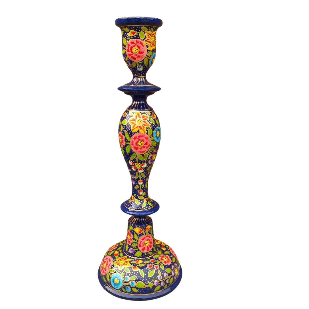 Dark Blue Floral Wooden Candlestick HolderKashmiri Design 12 Inch