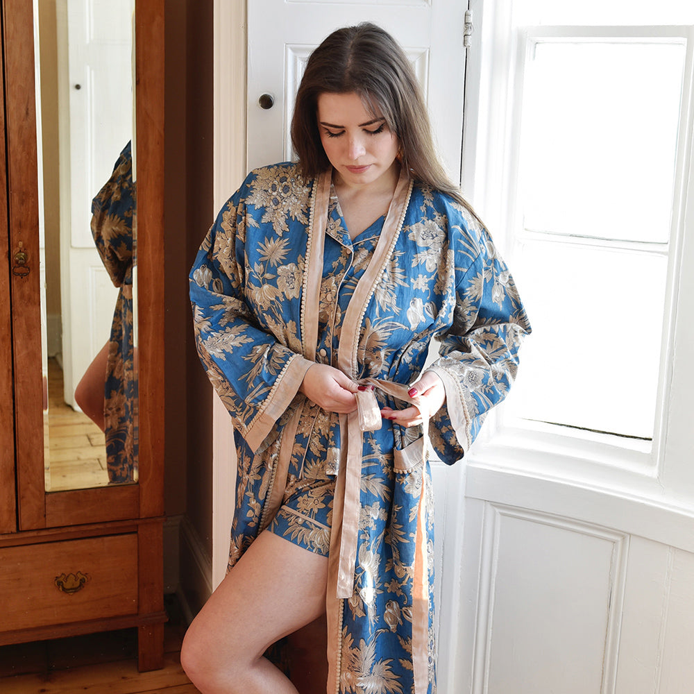 French Blue & Light Tan Large Floral Print Dressing Gown