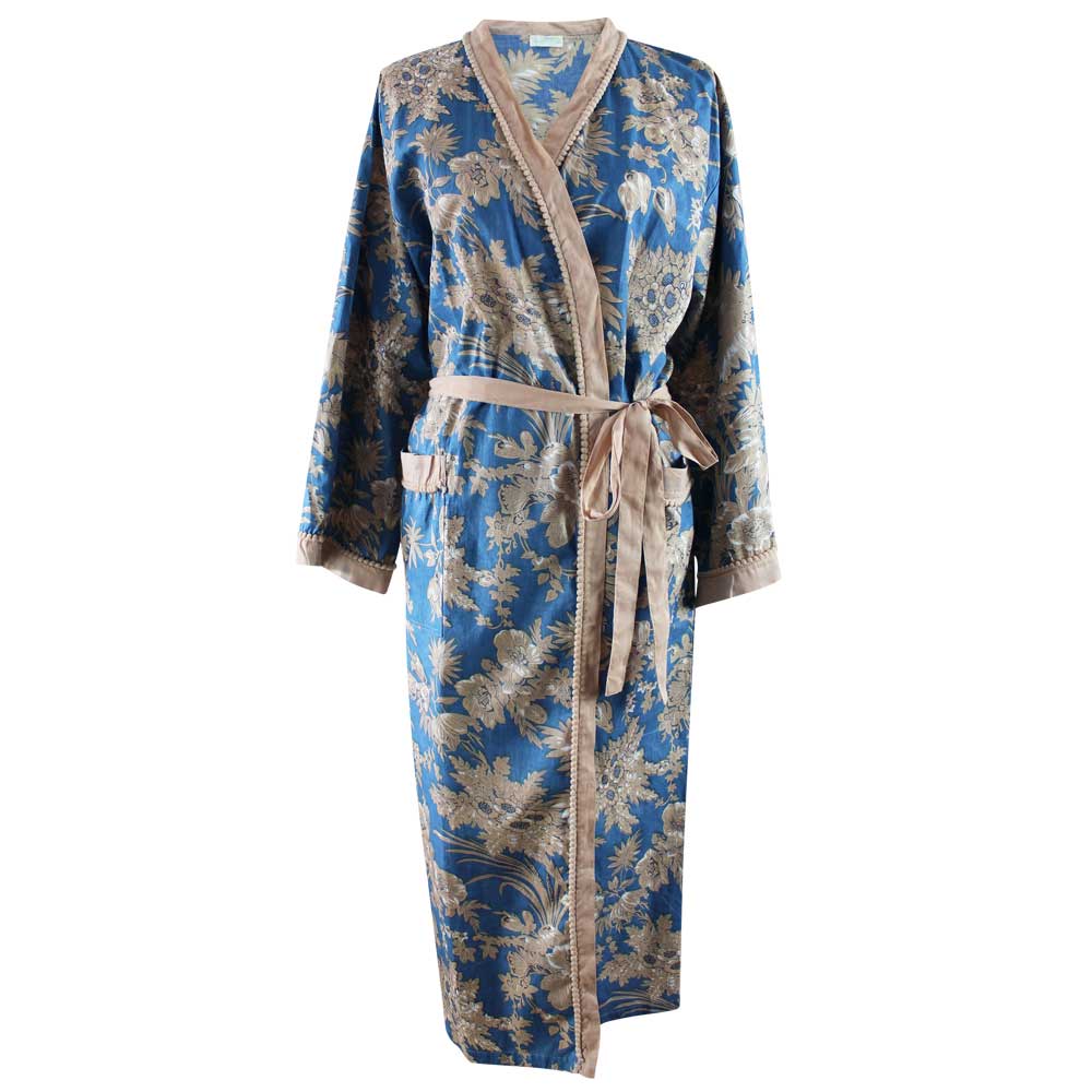 French Blue & Light Tan Large Floral Print Dressing Gown