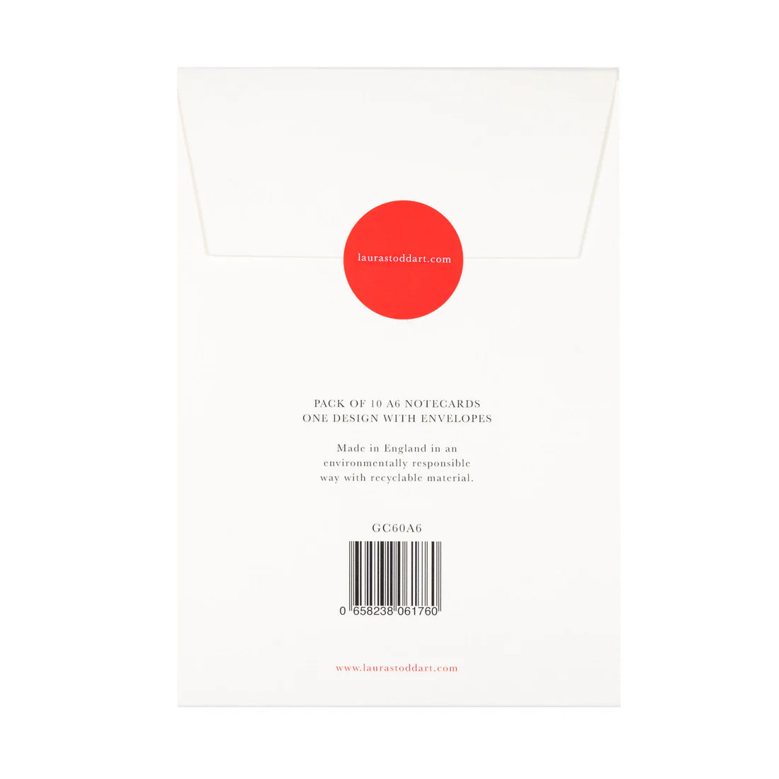 Back of a white card with a red circle and text, featuring a Laura Ashley logo.