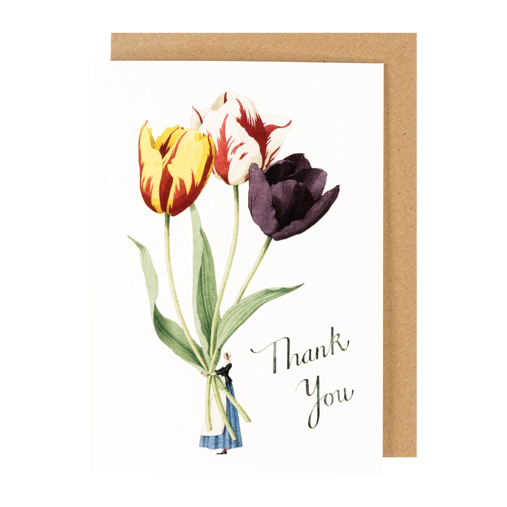 Greeting card with colorful tulips and 'Thank You' text on a white background