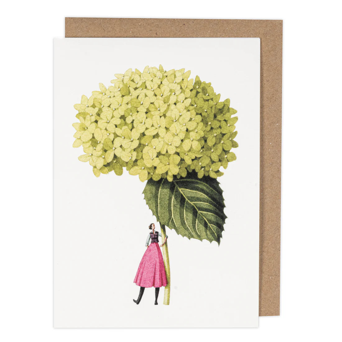 Greeting card with illustration of a person holding a large green flower, on a white background with a brown envelope.