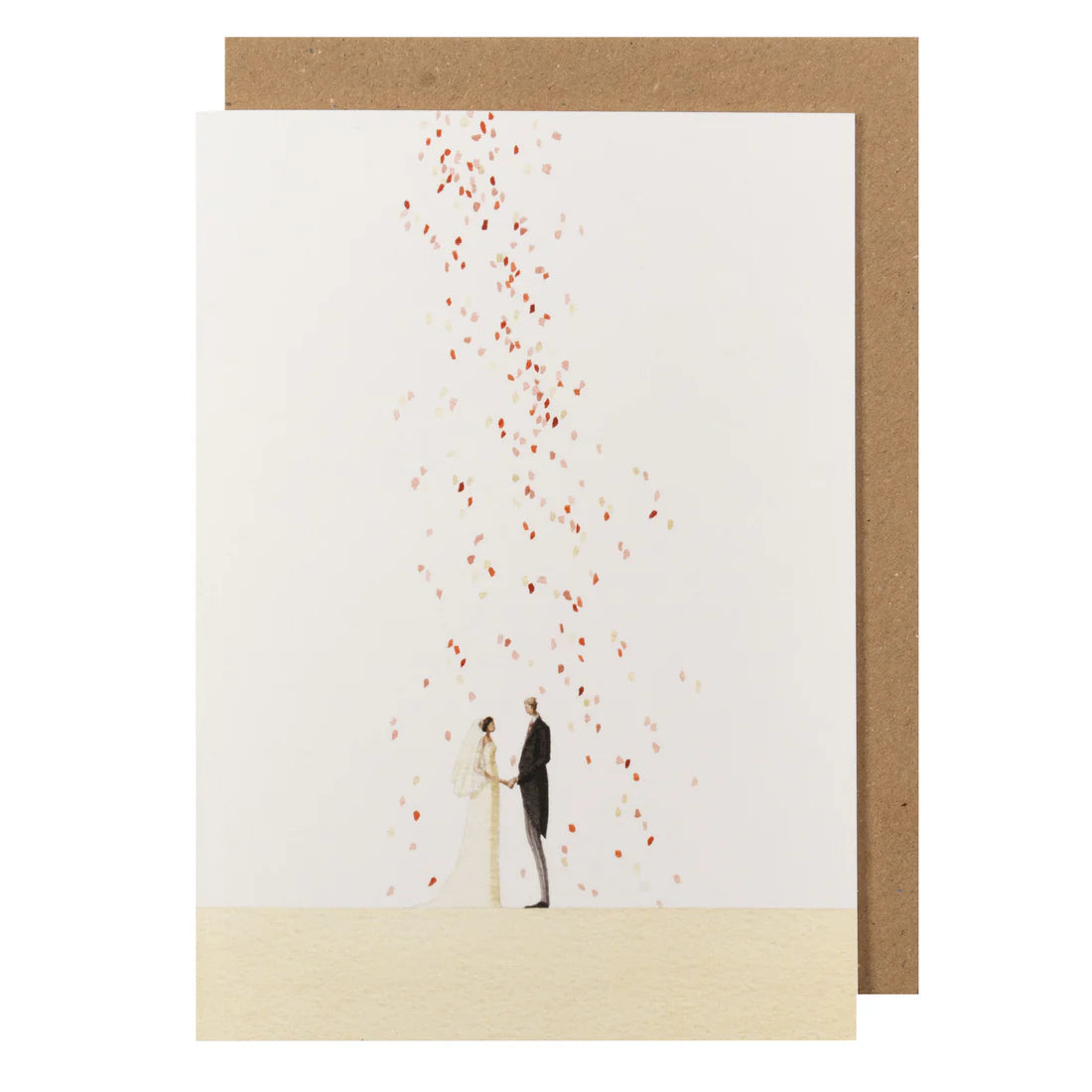 Greeting card with illustration of two people holding hands under a shower of red balloons, on a white background with a brown envelope.