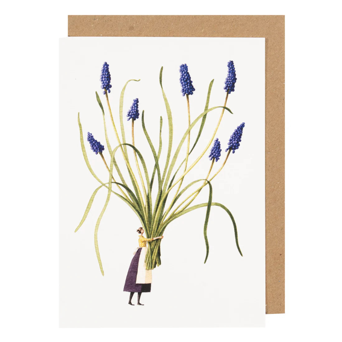 Greeting card with illustration of a person holding a bundle of purple flowers on a white background.