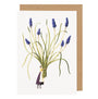 Greeting card with illustration of a person holding a bundle of purple flowers on a white background.