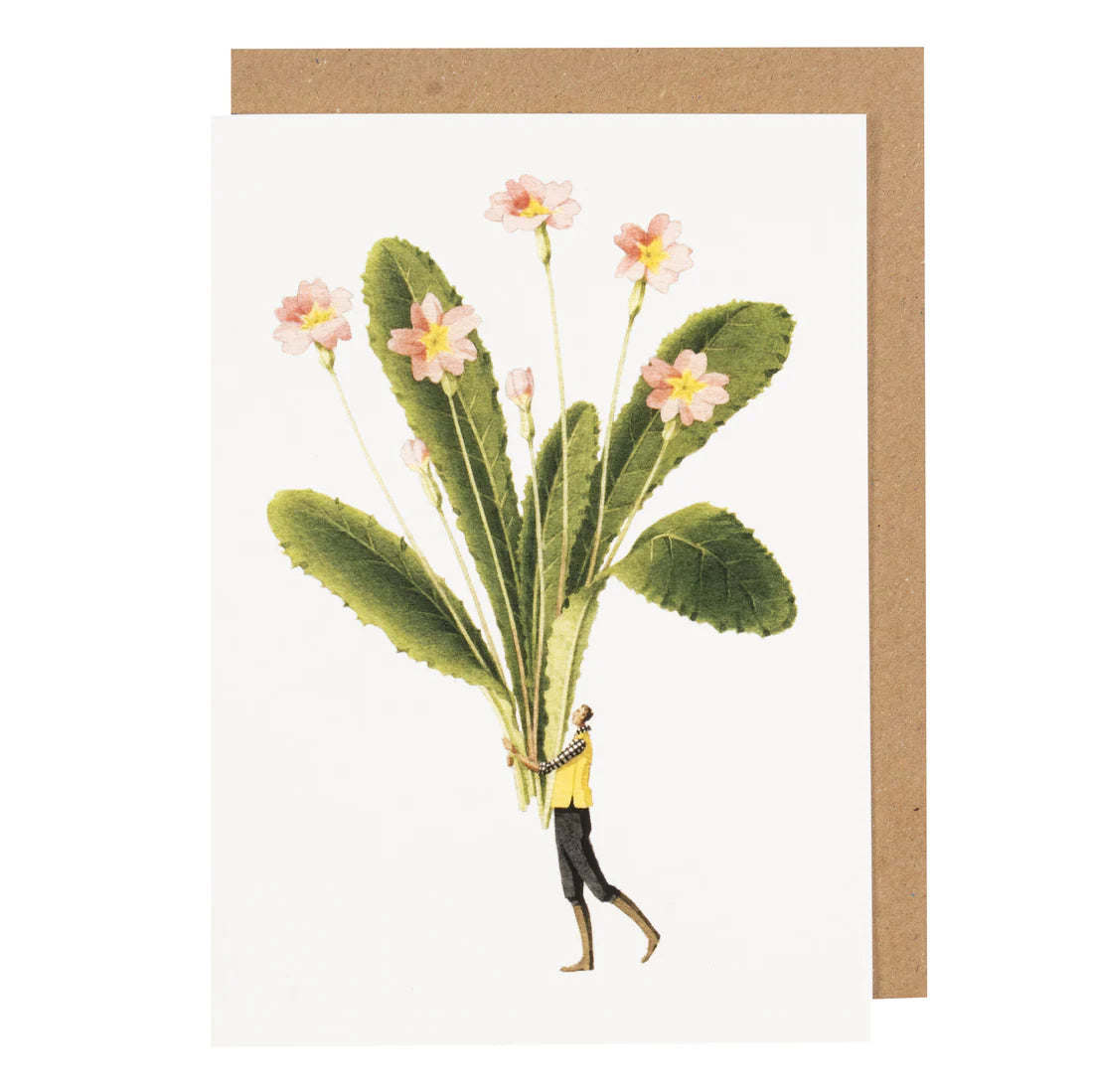 Greeting card with illustration of a person holding large green leaves with pink flowers on a white background.