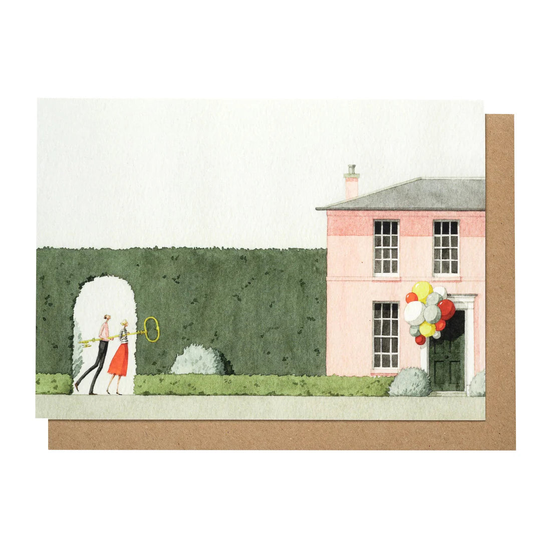 Illustration of a pink house with a garden and people, on a white background.