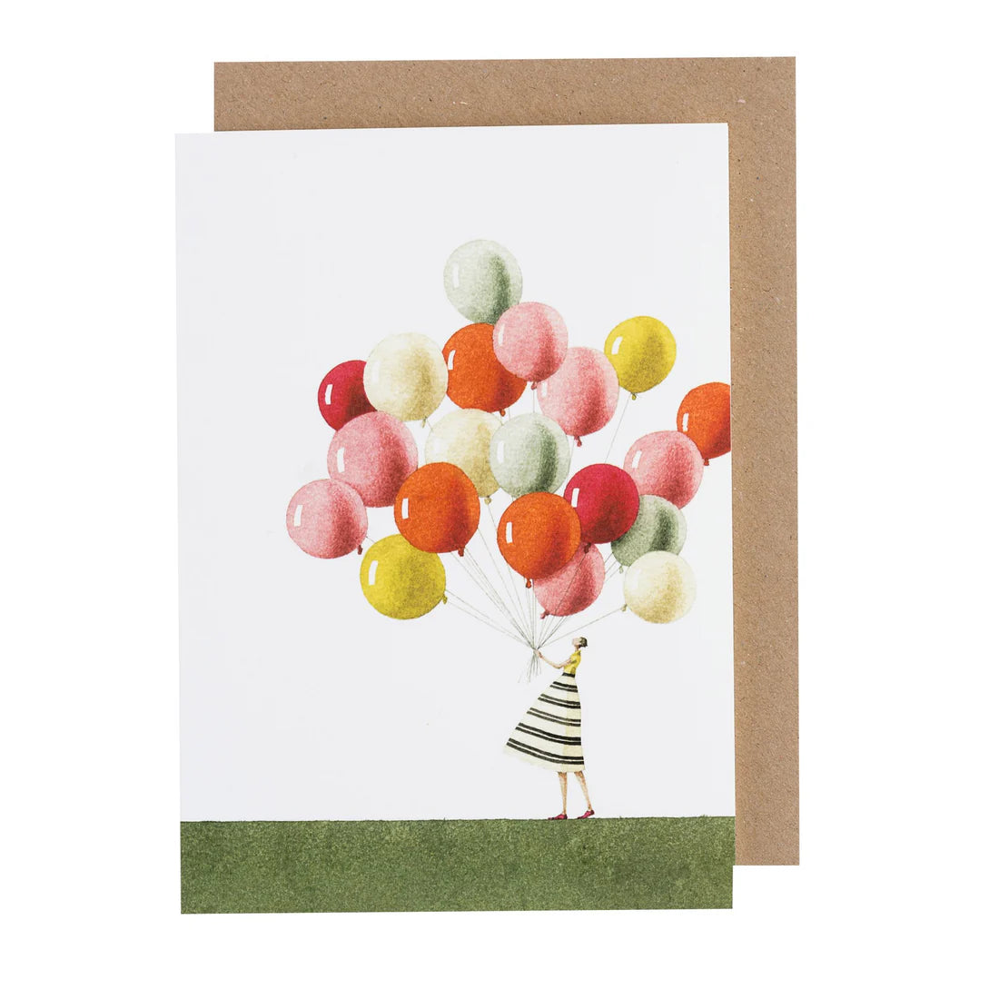 Greeting card with a person holding colorful balloons on a white background