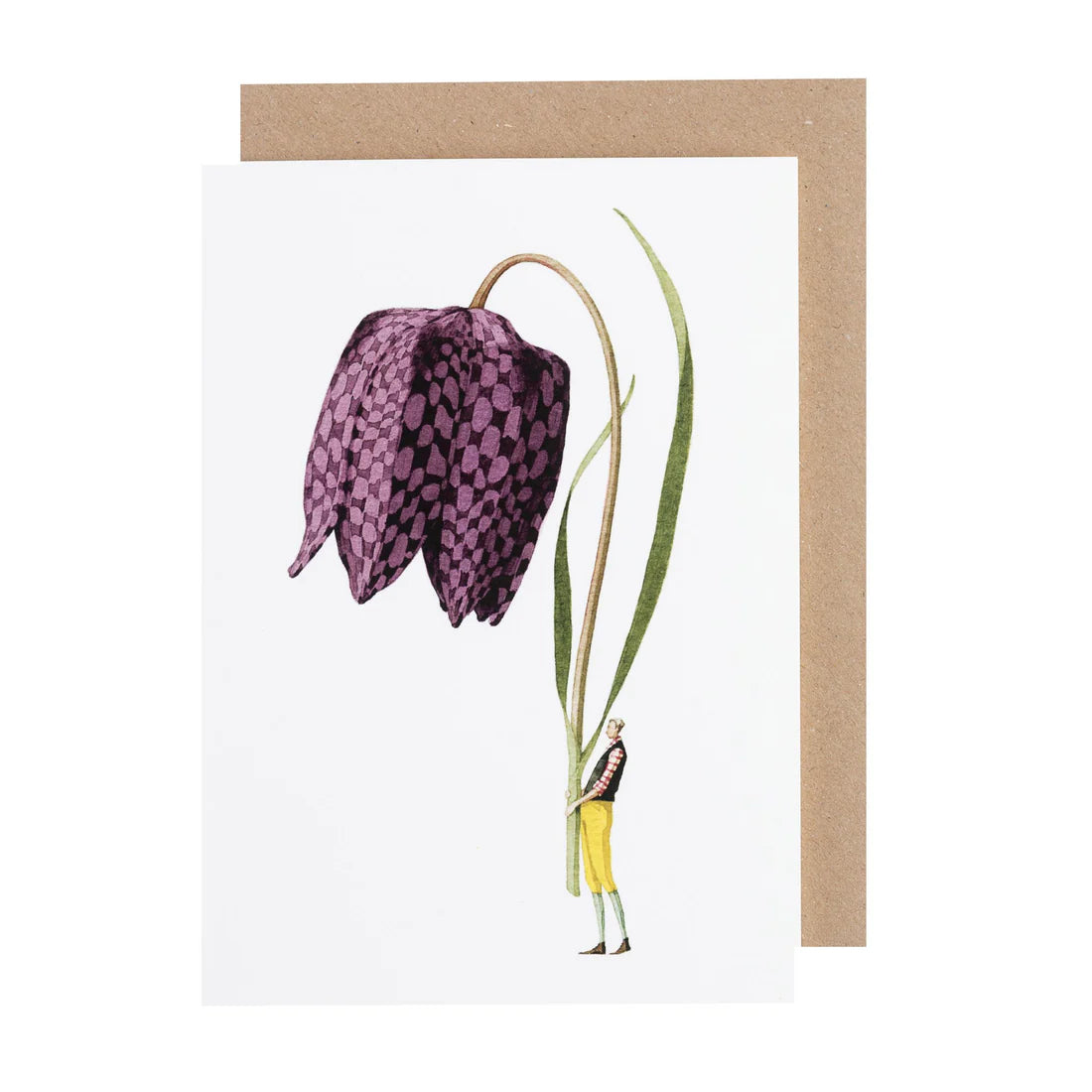 Greeting card with a purple flower and small figure on a white background