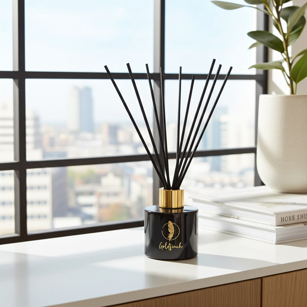 Black and gold diffuser on a windowsill with a cityscape view
