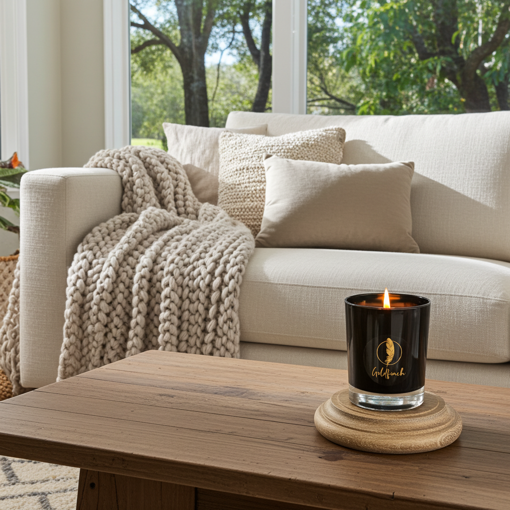 Candle on a wooden table in a cozy living room with a couch and pillows.