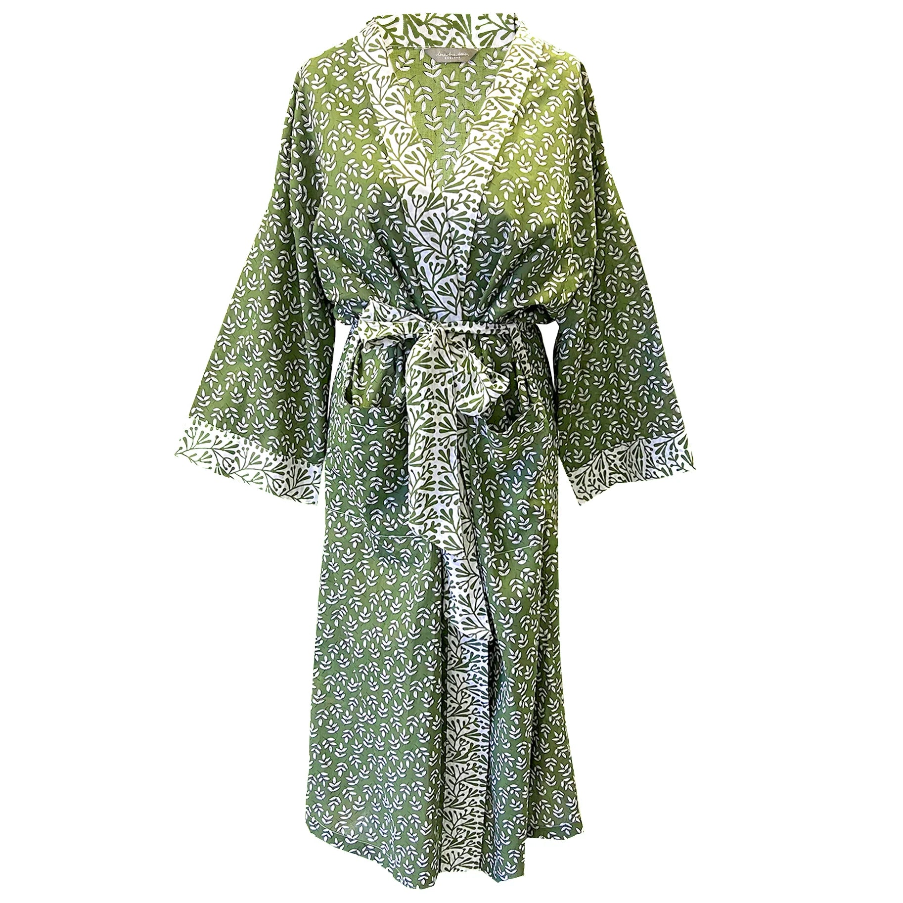Green Falling Leaf Womens Cotton Kimono Robe One Size