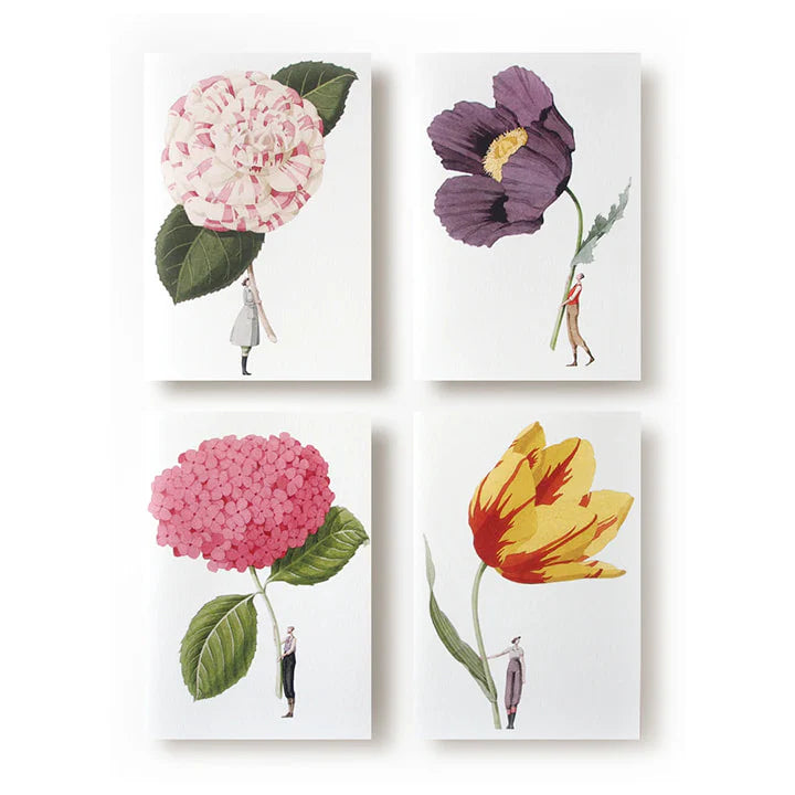 Four cards with floral illustrations on a white background