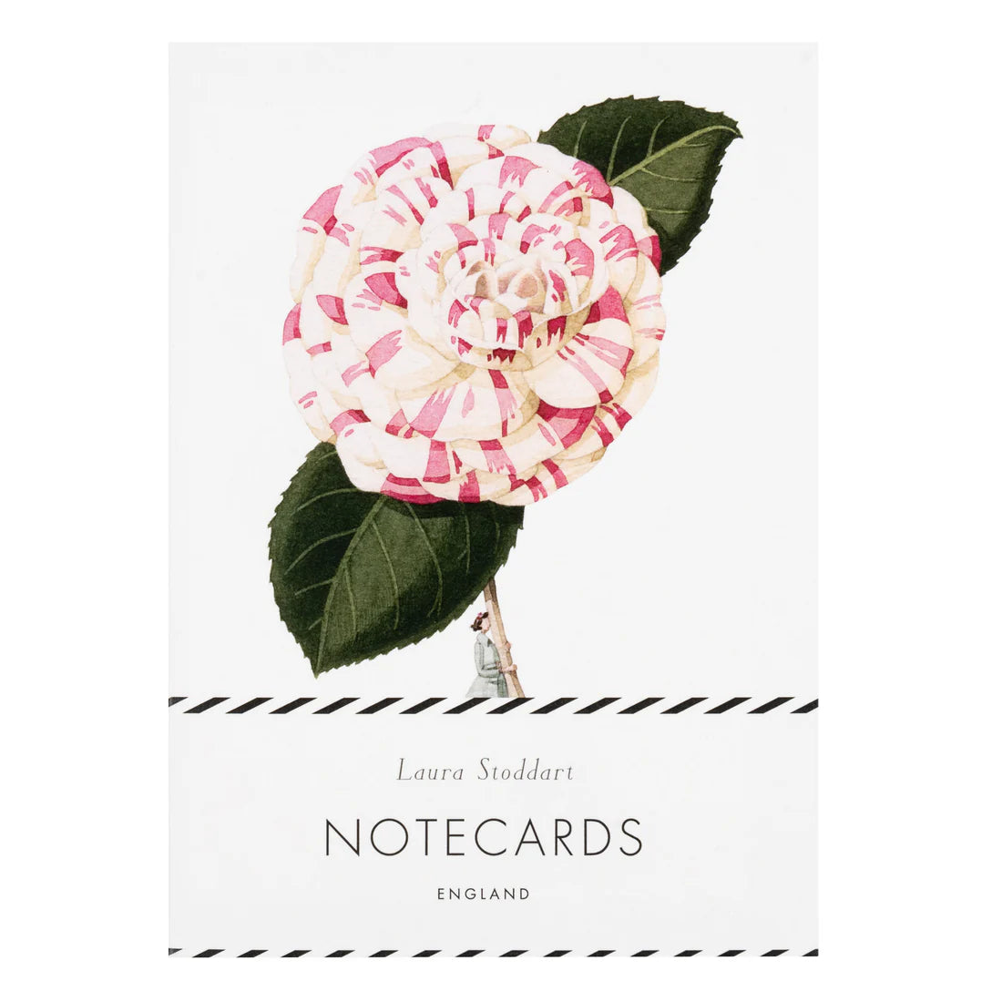 Notecard with a pink and white flower design on a white background