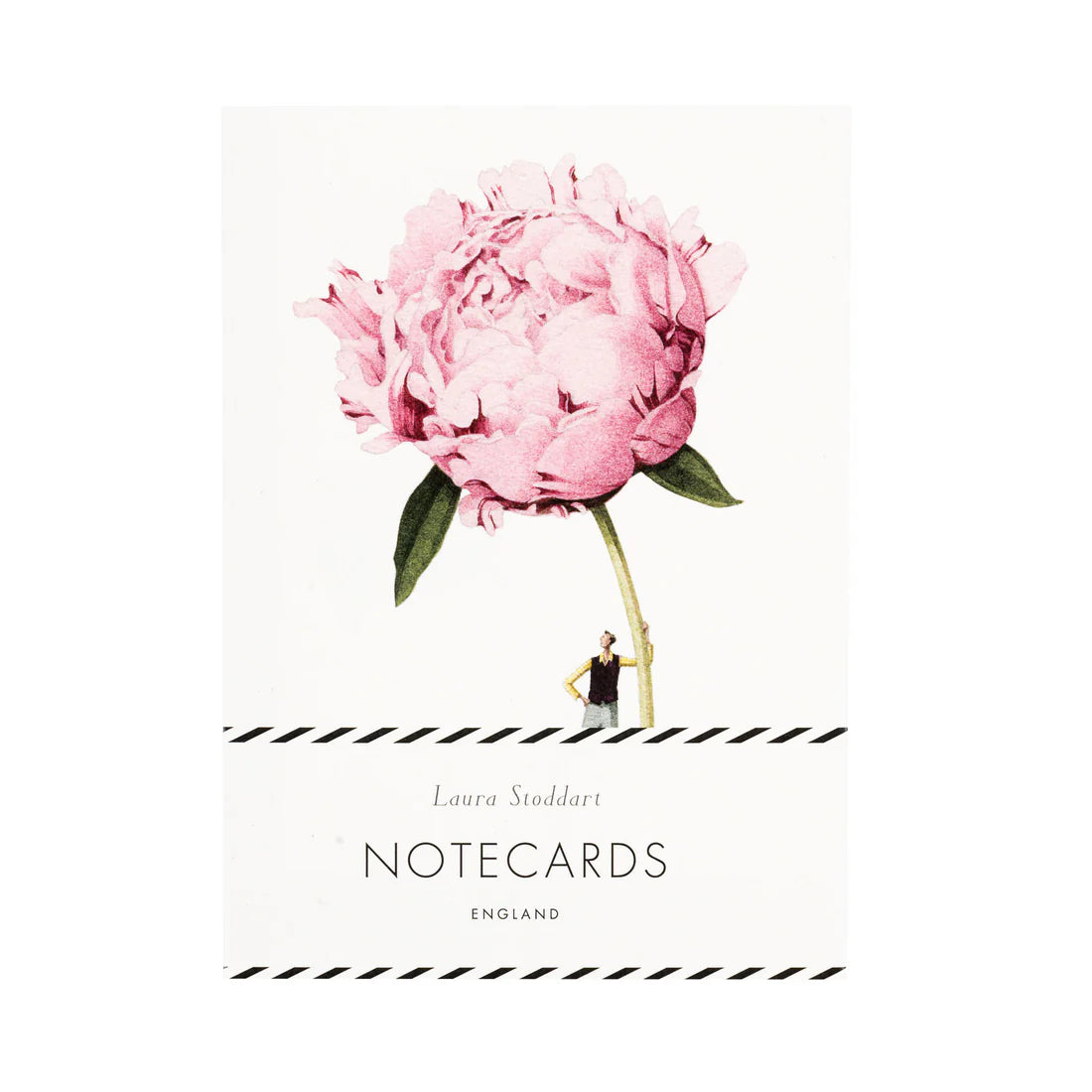 Notecard with a large pink flower and a person underneath on a white background