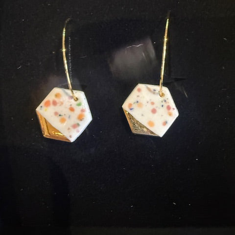 Gold Hoops with Hexagonal Colourful Spotty Charm