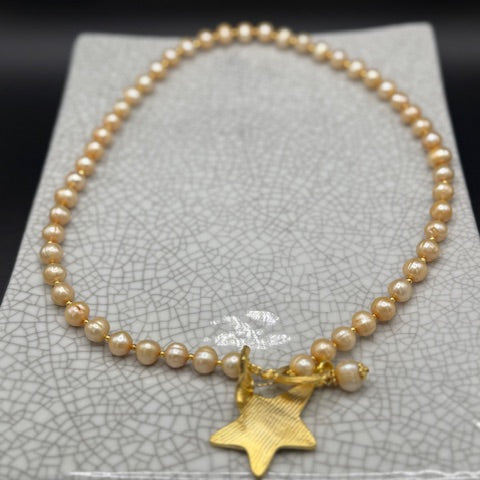 Long Golden Pearl Necklace With Gold Star
