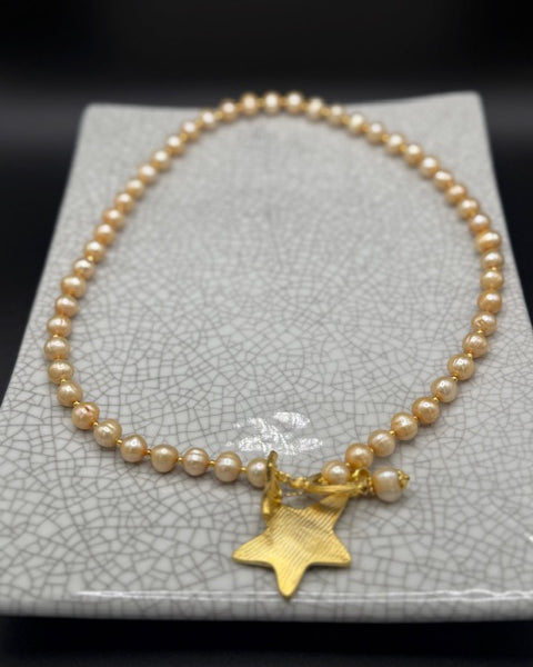 Long Golden Pearl Necklace With Gold Star