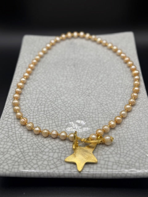 Long Golden Pearl Necklace With Gold Star