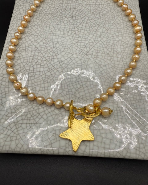 Long Golden Pearl Necklace With Gold Star