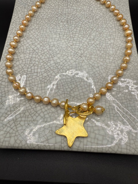 Long Golden Pearl Necklace With Gold Star